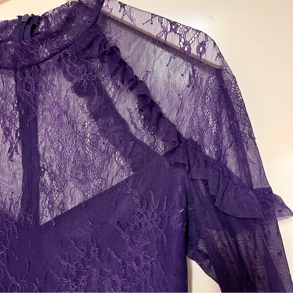 Bardot Splice Lace Blouse Top Womens Purple Ruffle Sheer Whimsgoth Fairy Medium - Picture 7 of 14